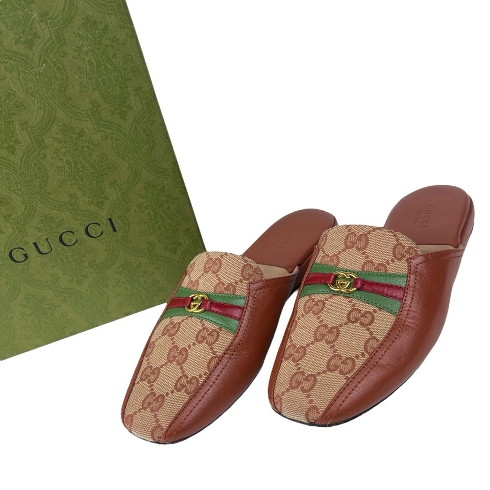 Gucci Brown GG Canvas and Leather Horsebit Mules with Red & Green Web
